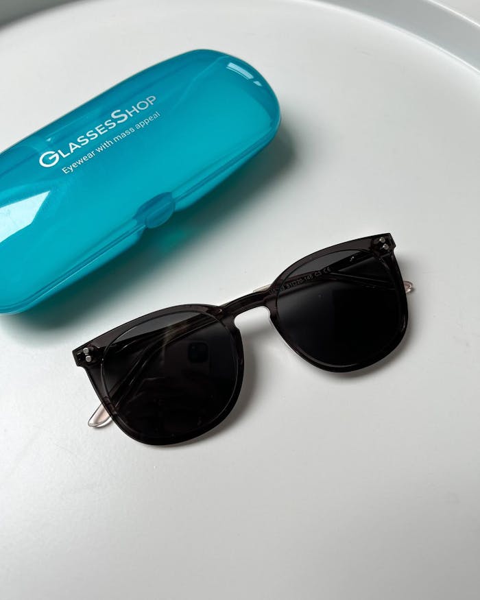 gallery-2 Elegant black sunglasses with a blue case on white surface, perfect for modern summer fashion.